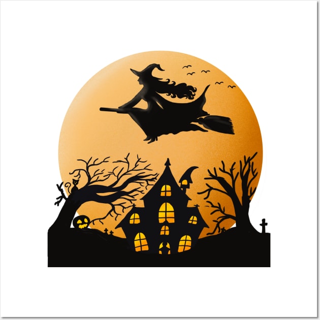 Flying Witch Moon Orange Haunted House Halloween Present & Gift Wall Art by The Little Store Of Magic